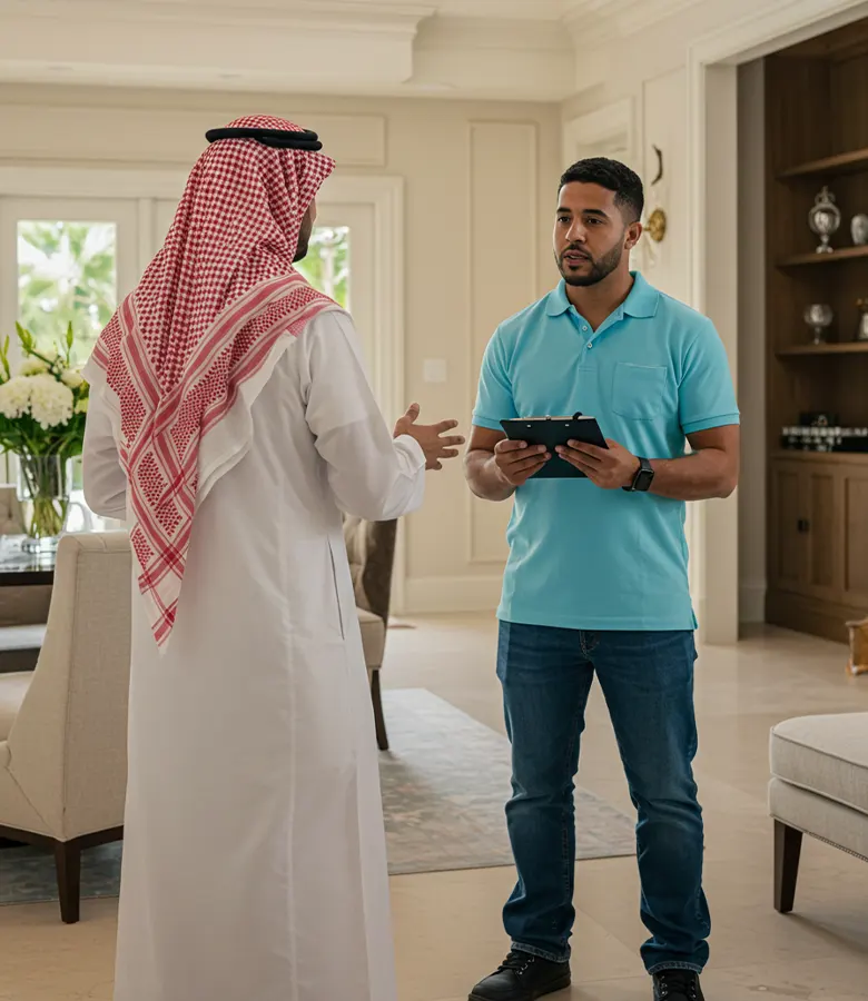"أحد ممثلي شركة الصقور إكسبريس بالرياض يستمع لعميل لمناقشة تفاصيل نقل العفش من الرياض إلى جدة "