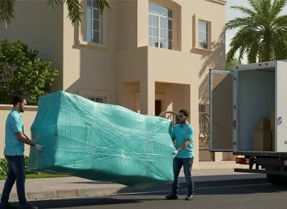 عمال نقل عفش يحملون قطعة أثاث مغلفة بعناية أمام فيلا سكنية