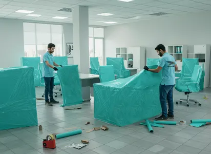 "فريق تغليف أثاث المكاتب بعناية باستخدام غلاف بلاستيكي في جدة – صور نقل عفش جده "