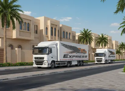 "شاحنات شركة الصقور إكسبريس لنقل العفش تسير أمام فلل سكنية في جدة أثناء مهمة نقل أثاث – صور نقل عفش جده "