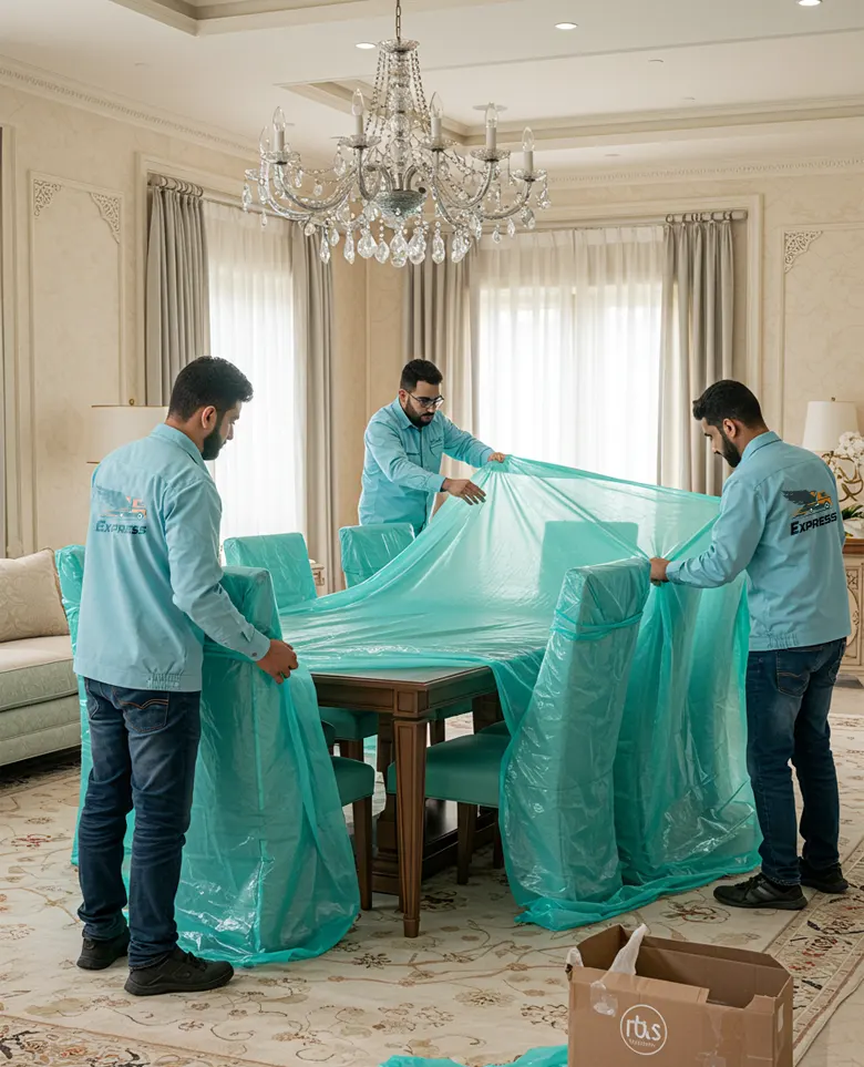 "فريق الصقور إكسبريس لنقل العفش بجدة يغلّف طاولة طعام داخل فيلا لضمان نقل آمن واحترافي من جدة إلى الرياض "