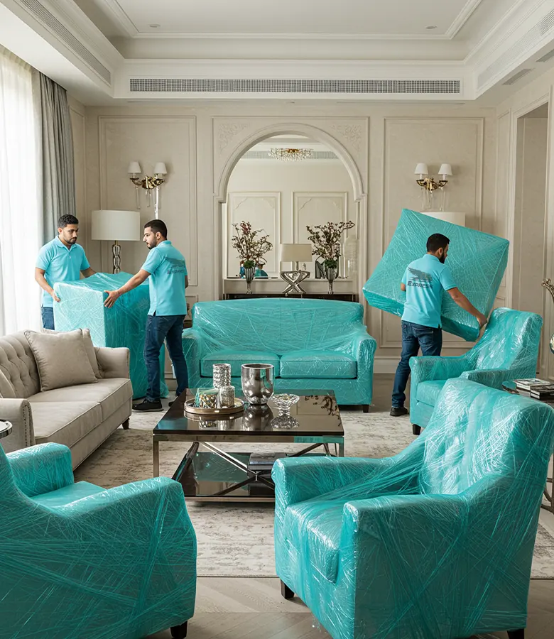 فريق الصقور إكسبريس يغلّف أثاث غرفة معيشة فاخرة بدقة واحترافية ضمن خدمات نقل العفش بجدة
