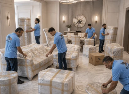 شاحنة شركة الصقور اكسبريس محملة بصناديق مرتبة ضمن خدمة نقل عفش بجدة تتم بأعلى درجات التنظيم والاحترافية ويمكنك مشاهدة صور نقل عفش توضح جودة الخدمة المقدمة.