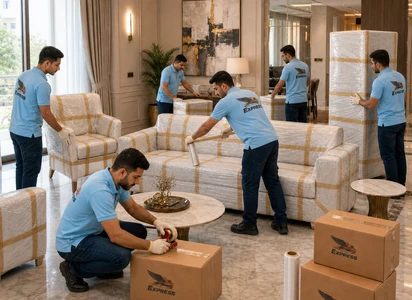 شاحنات الصقور اكسبريس تُحمّل بالأثاث المغلف بعناية ضمن تنفيذ ميداني لخدمة نقل العفش بجدة داخل الأحياء السكنية ويمكنك مشاهدة صور نقل عفش توضح جودة الخدمة المقدمة.