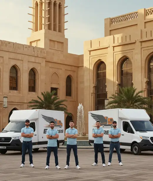 "فريق عمل شركة الصقور إكسبريس يقف أمام شاحنات النقل في ساحة خارجية، يعكس التزام الشركة بالاحترافية والثقة في خدمات نقل العفش بين المدن. "